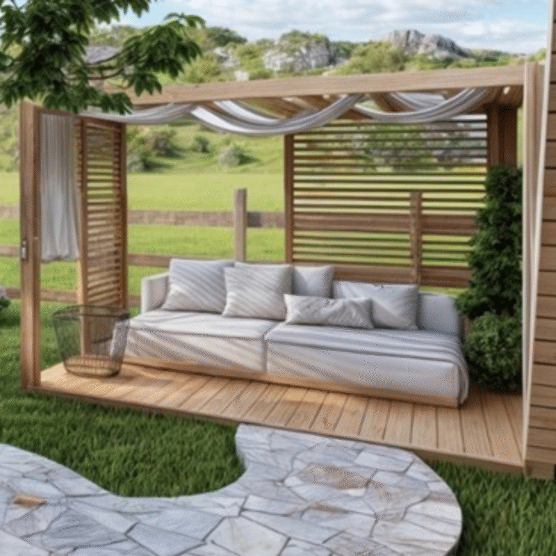 Área de descanso con 8m2, con pérgola de madera.